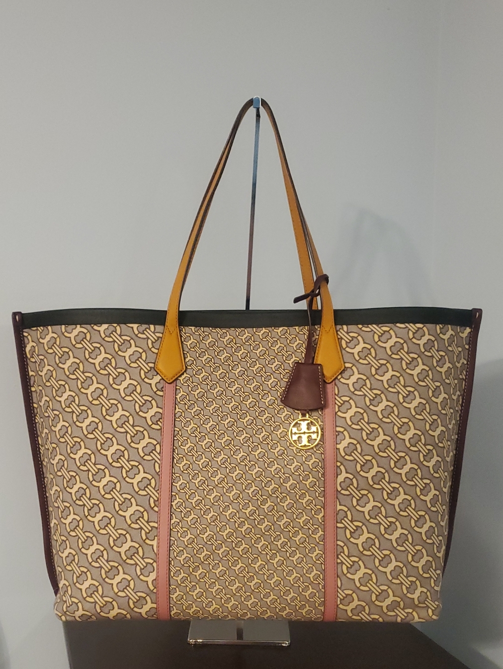 Tory Burch Beige Patterned Canvas Tote with Yellow Straps